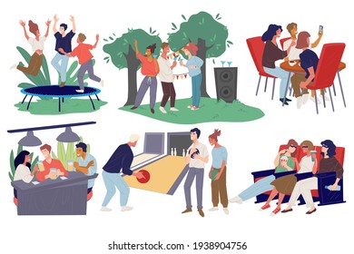 People gathered to have fun, partying in backyard, grilling meat bbq and spending time in pub or cafe drinking coffee. Bowling and cinema, jumping on trampoline in park. Vector in flat style