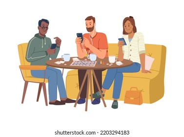 People gathered for meeting in cafe staring at phones. Isolated friends addicted to smartphones and gadgets, watching videos and chatting. Vector in flat cartoon style