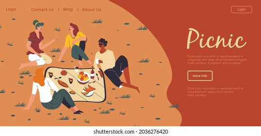 People gathered on picnic, friends sitting on blanket outdoors enjoying company of each other and eating food. Guys drinking and talking. Website or webpage template, landing page flat vector