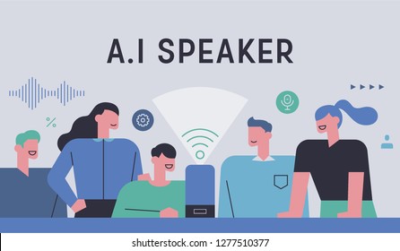 People are gathering around artificial intelligence speakers to experience new technologies. Ad Banner concept illustration. flat design vector graphic style.