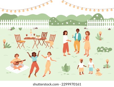 Gente reuniéndose en el patio trasero. Fiesta de barrio, amigos y reunión de vacaciones familiares. Mujeres bailando, niños hablando, hombre tocando guitarra. Fin de semana en un acogedor jardín. Ilustración veraniega vectorial.