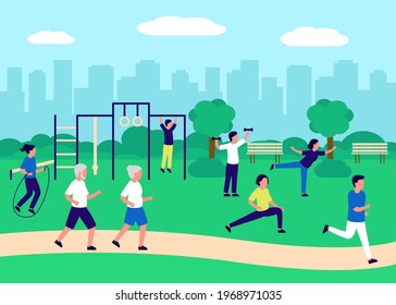 People gathering in city urban park and going sport in nature together, active exercise. Urban landscape, recreation area with men and women performing leisure activities outdoors. Vector illustration