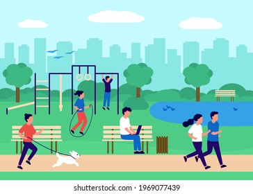 People gathering in city urban park and sport in nature, active exercise, sit on bench with work laptop. City landscape, recreation area with people performing leisure activities outdoors. Vector flat