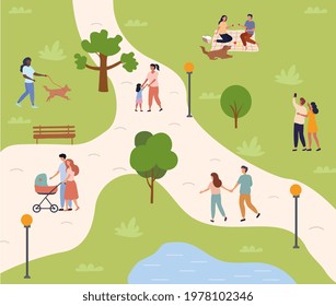 People gathering in the city urban park, relaxing and performing leisure outdoor activities. Sports exercise, eating lunch, mother with baby stroller. Flat cartoon vector illustration concept design