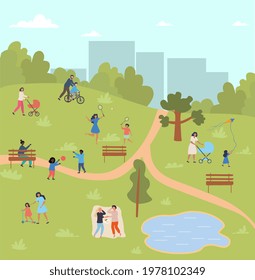 People gathering in the city urban park, relaxing and performing leisure outdoor activities. Sports exercise, eating lunch, mother with baby stroller. Flat cartoon vector illustration concept design