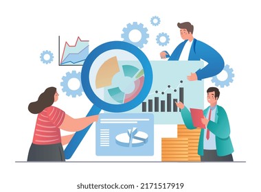 People gathering data concept. Young men and woman with magnifying glass collect business information and analyze it. Statistics, graphs and diagrams of company. Cartoon flat vector illustration