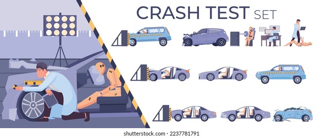 Gente reuniendo datos durante la prueba de choque conjunto de composición plana con maniquíes y coches destrozados ilustración vectorial aislada