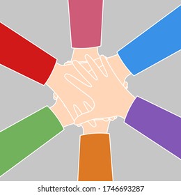 People gathering hands together vector cartoon illustration. Colorful concept of a successful teamwork. Hands together as symbol of unity and partnership. Top view