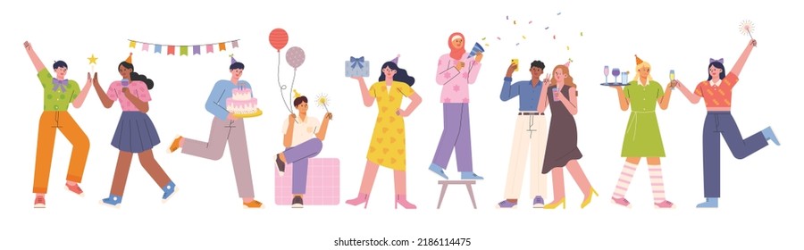 A lot of people are gathering and having a birthday party. flat design style vector illustration.