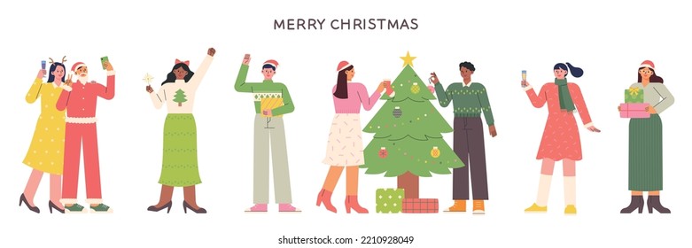 A lot of people are gathering and having a Christmas party. flat design style vector illustration.