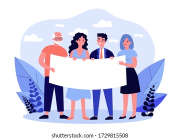 People gathering for protest. Diverse group standing together and holding blank banner flat vector illustration. Position and activism concept for banner, website design or landing web page