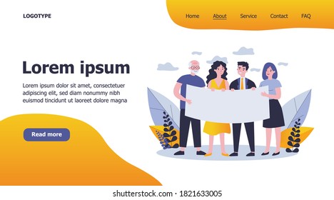 People gathering for protest. Diverse group standing together and holding blank banner flat vector illustration. Position and activism concept for banner, website design or landing web page