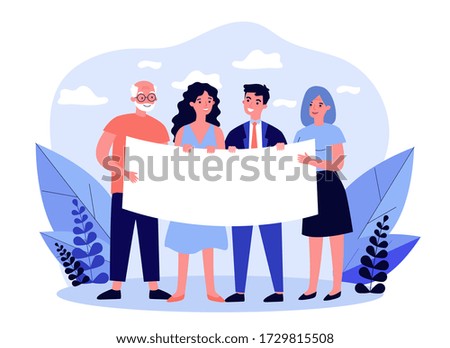 People gathering for protest. Diverse group standing together and holding blank banner flat vector illustration. Position and activism concept for banner, website design or landing web page