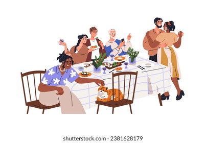 La gente se reúne en la mesa, celebrando las fiestas. Amigos felices en la cena festiva, comiendo comida, hablando, divirtiéndose, pasando el rato. Ilustración vectorial gráfica plana aislada en fondo blanco