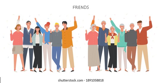 People gathering together and waving their hands with joyful expressions. Young friends and seniors. flat design style minimal vector illustration.