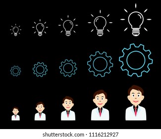 people , Gear , bulbs, pattern Sort from small to large on a black background. concept of Growth of ideas  displaying the analytical thinking of each person Sorted from small to large - vector eps10