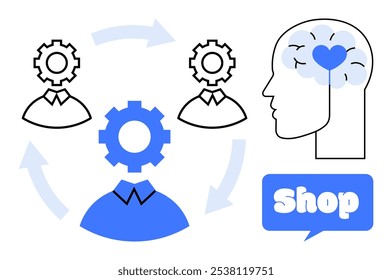 Menschen mit Zahnrädern, die Ideen in Schwarz und Blau mit Pfeilen austauschen. Ein Gehirn mit Herz und Shop-Symbol. Ideal für Teamarbeit E-Commerce Business Innovation Ideen Brainstorming. Moderne Wohnung