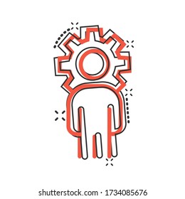 People with gear icon in comic style. Person cogwheel cartoon vector illustration on white isolated background. Teamwork splash effect business concept.