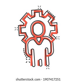 People with gear icon in comic style. Person cogwheel cartoon vector illustration on white isolated background. Teamwork splash effect business concept.