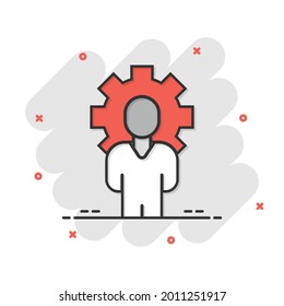 People with gear icon in comic style. Person cogwheel cartoon vector illustration on white isolated background. Teamwork splash effect business concept.