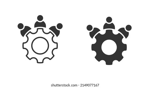 Icono de personas y engranajes. Signo de administración de trabajo en equipo. Equipo de negocios. Ilustración vectorial plana.