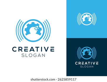 People and gear with technology elements logo design