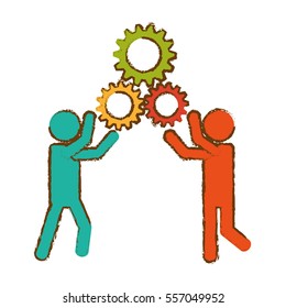 people and gears icon over white background. teamwork concept. colorful design. vector illustration