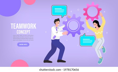 people with gears and speech bubbles. Teamwork of people in the business team. Happy workers or support staff people fix mechanism with gears. Flat vector illustration