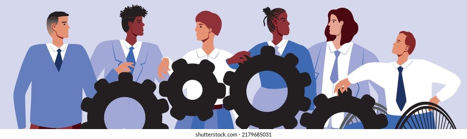 People With Gears As Strength In Numbers, Teamwork, Flat Vector Stock Illustration As Concept Of Networking