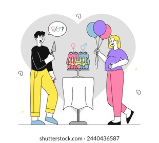 People at gender party linear. Man and pregnant woman with colorful balloons and cake. Expecting father and mother wait boy or girl. Doodle flat vector illustration isolated on white background