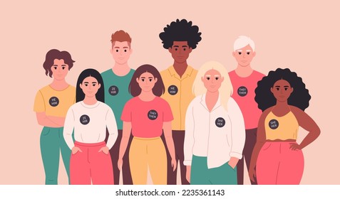 People with gender pronouns pin. She, he, they, non-binary. Gender-neutral movement. LGBTQ community. Hand drawn vector illustration