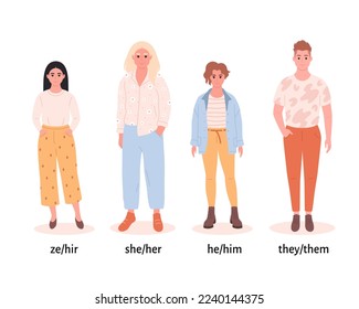 People with gender pronouns. She, he, they, non-binary. Gender-neutral movement. LGBTQ community. Hand drawn vector illustration