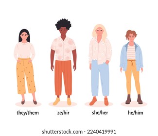 People with gender pronouns. She, he, they, non-binary. Gender-neutral movement. LGBTQ community. Hand drawn vector illustration