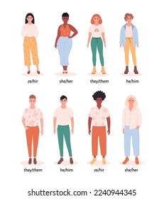 People with gender pronouns. She, he, they, non-binary. Gender-neutral movement. LGBTQ community. Hand drawn vector illustration