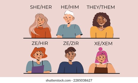 People with gender pronouns. She, he, they, non-binary. vector flat characters design