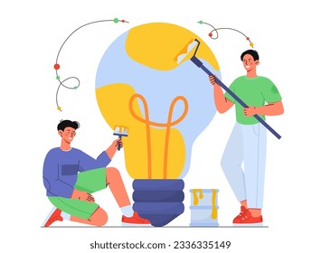 Gente generando un concepto de nuevas ideas. Hombres con pinceles pintan bombilla. Brainstorming e intercambio de ideas, entendimiento e inspiración. Proyecto de inicio y negocio. Dibujo vectorial plano de dibujos animados