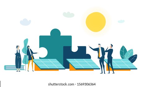 People Generating Solar Energy. Alternative Energy Sources, Eco Friendly Future, Safe The Planet Concept. Business Concept Illustration 