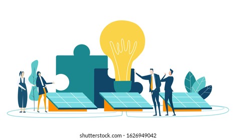 People generating solar energy. Alternative energy sources, eco friendly future, safe the planet concept. Business concept illustration