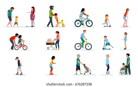 People generation. People of all ages in the Park. Set of illustrations of people walking in the Park, on bike, on scooter, on gyrometer. Happy family. Vector illustration flat cartoon style