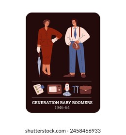 People Generation Baby Boomers 1946-64 social development vector information card design. Cartoon retro man woman characters. Instruments, rocket toy, TV, briefcase, checklist vintage symbols on dark