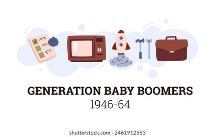 People Generation Baby Boomers 1946-64 social development information vector flat poster. Generation concept with instrument tools, rocket toy, TV, briefcase, checklist planner icons