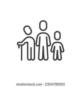 Icono de línea de generación de personas. signo de estilo lineal para concepto móvil y diseño web. El abuelo, el padre y el hijo delinean un icono vector. Símbolo, ilustración del logotipo. Gráficos vectoriales