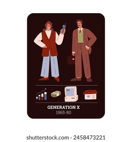 People Generation X 1965-80 social development information vector information card design. Cartoon retro man and woman characters. Money, computer, house and growth graph symbols on dark