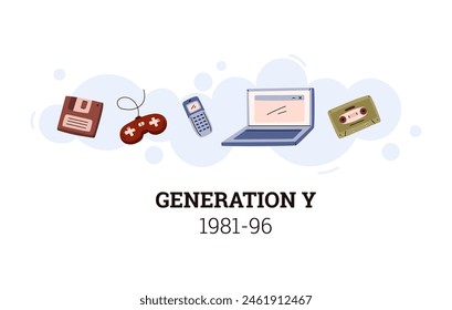 People Generation Y 1981-96 also known as Millennials social development information flat vector poster. Generation concept with laptop, cassette, disk, cellphone, game console or joystick icons