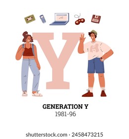 People Generation Y 1981-96 or Millennial social development vector information typographic poster. Positive teenagers cartoon characters. Laptop, cassette, disk, cellphone, joystick symbols