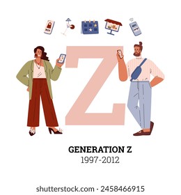 People Generation Z 1997-2012 social development vector information typographic poster. Positive cartoon characters with smartphone. NFC wireless payment technology, online shopping symbols