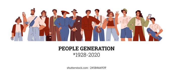 Personas generaciones 1928-2020 Ilustración vectorial. Caricatura de personajes humanos evolución de Silent, Baby Boomers, X, Y millennial, Z y alfa desarrollo social