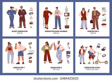 People generations card design vector set. Cartoon human characters of Silent, Baby Boomers, X, Y millennial, Z and alpha social development. Classification of evolution periods and progress symbols