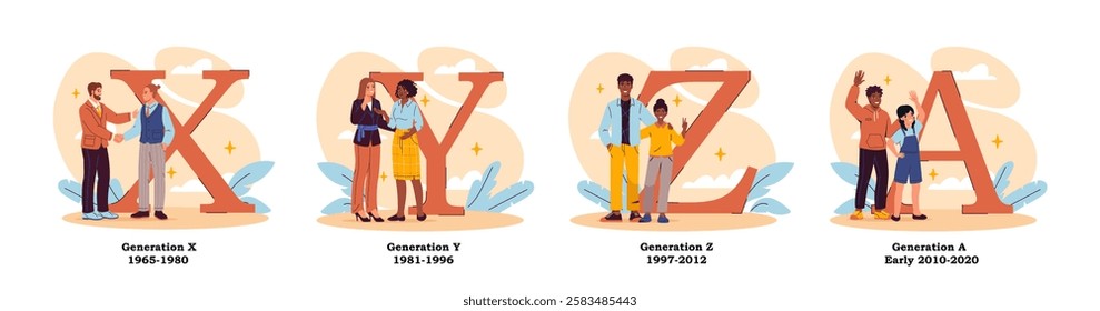 People generations concept. X, y, z and alpha generations. Boomers, zoomers and doomers. Various entertainment and hobbies. Demographic classification. Flat vector illustration