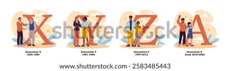 People generations concept. X, y, z and alpha generations. Boomers, zoomers and doomers. Various entertainment and hobbies. Demographic classification. Flat vector illustration